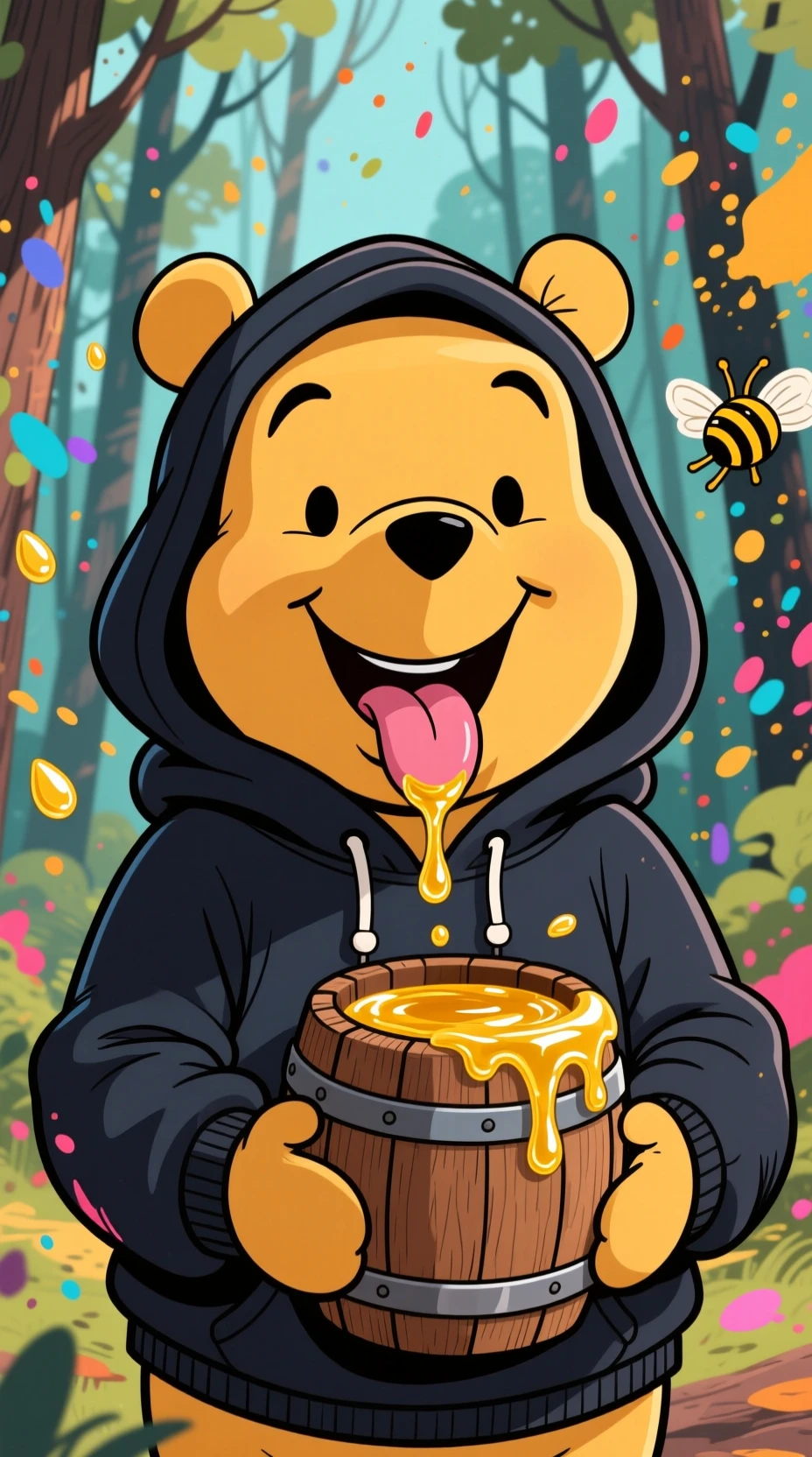 Playful cartoon bear with honey in a birch forest