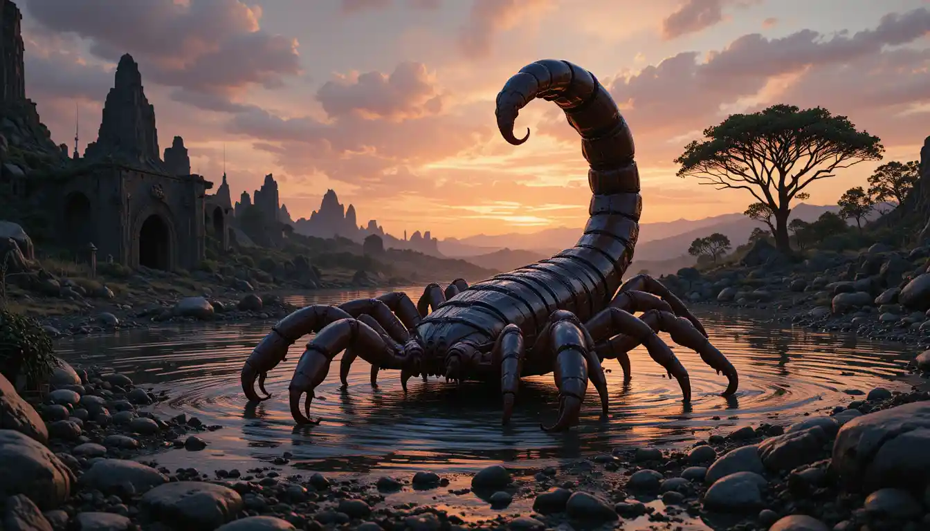 Giant Scorpion Rising From Shallow Water At Sunset