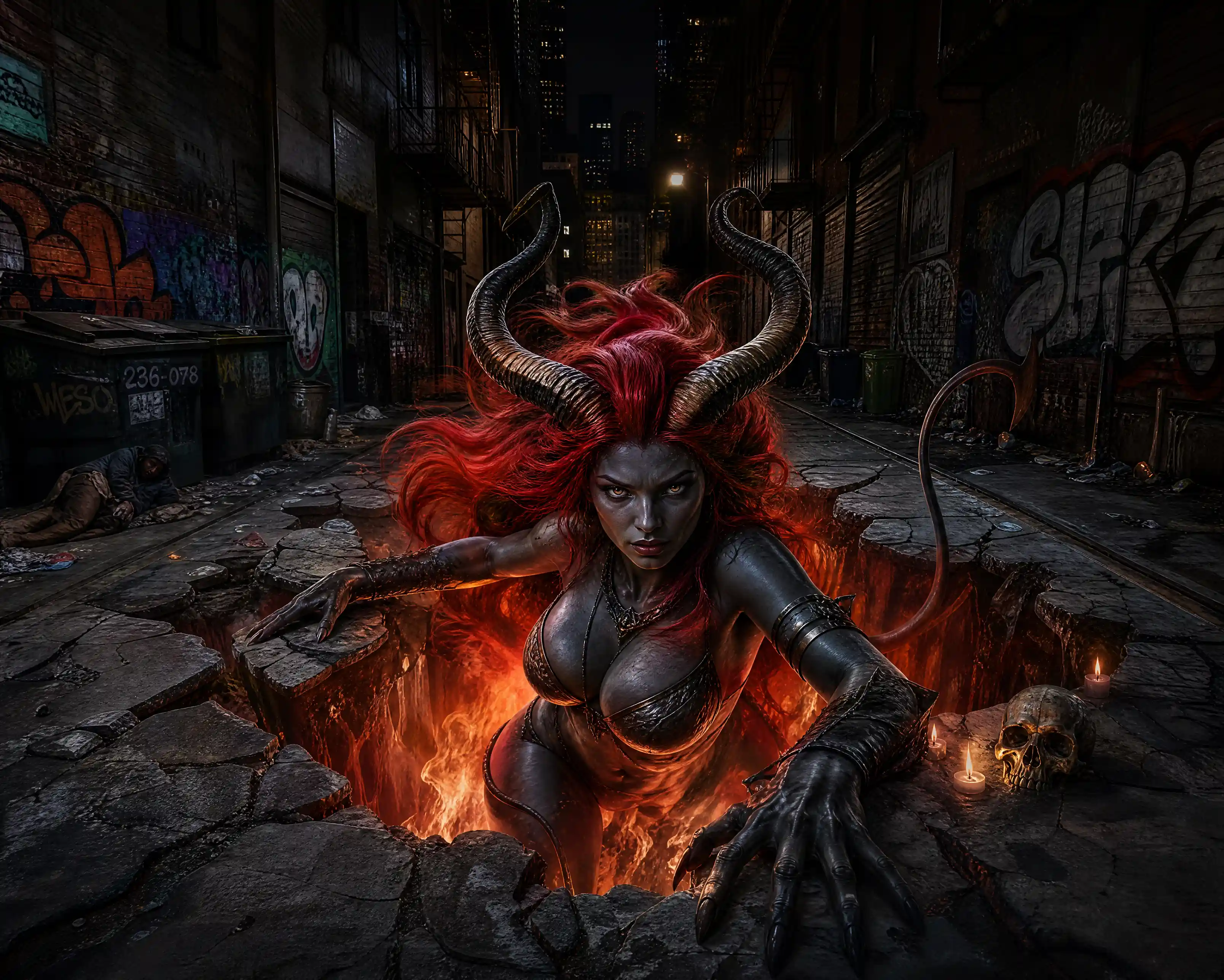 Succubus street art illusion in a dark city alley