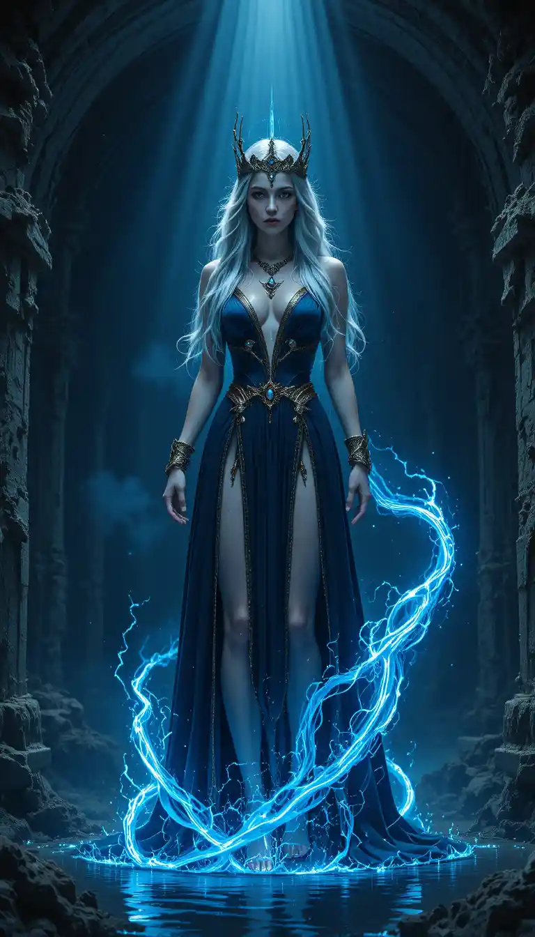 Silver haired amazon warrior in a dark fantasy cave