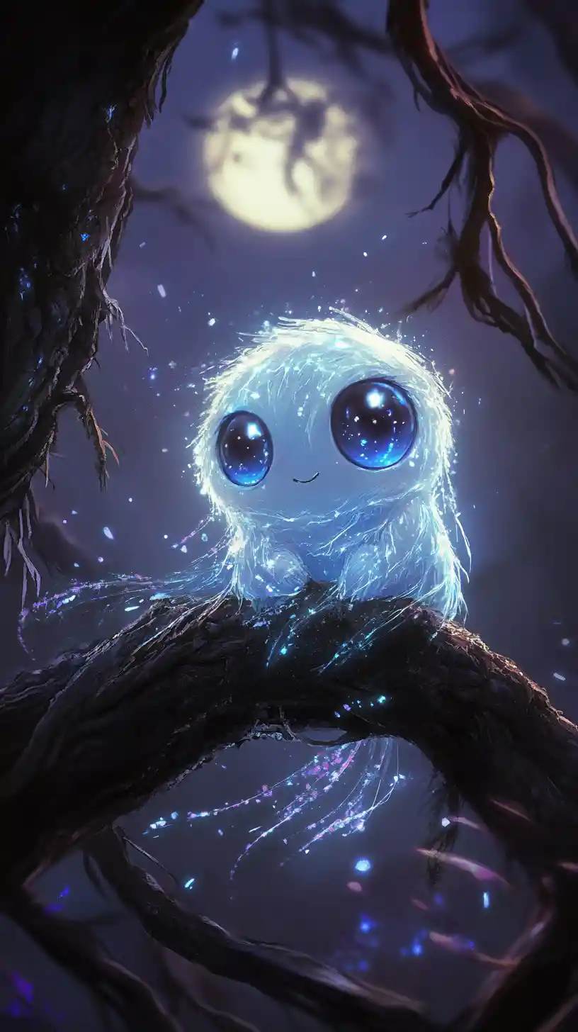 Glowing Chibi Spirit On A Branch In Enchanted Forest