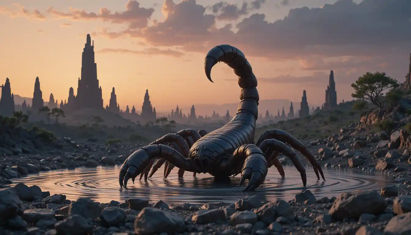 Riesiger Skorpion, der bei surrealem Sonnenuntergang aus dem Wasser auftaucht