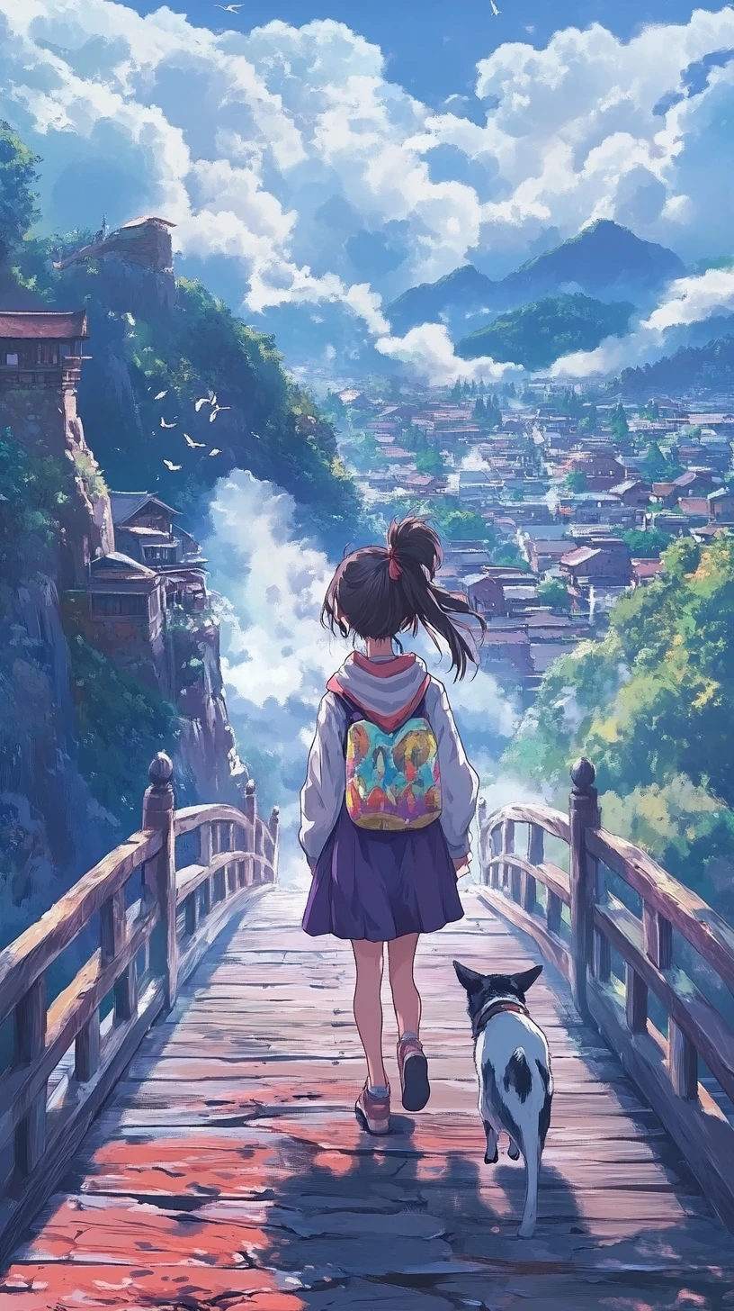 Anime girl walking with dog across a wooden bridge