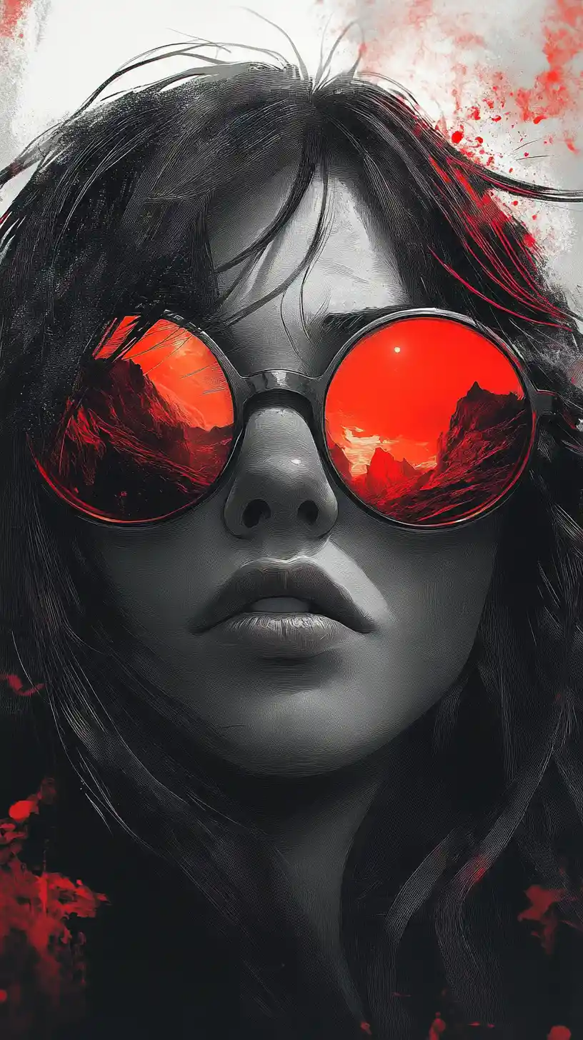Mysterious girl in sunglasses with fiery mountain reflection