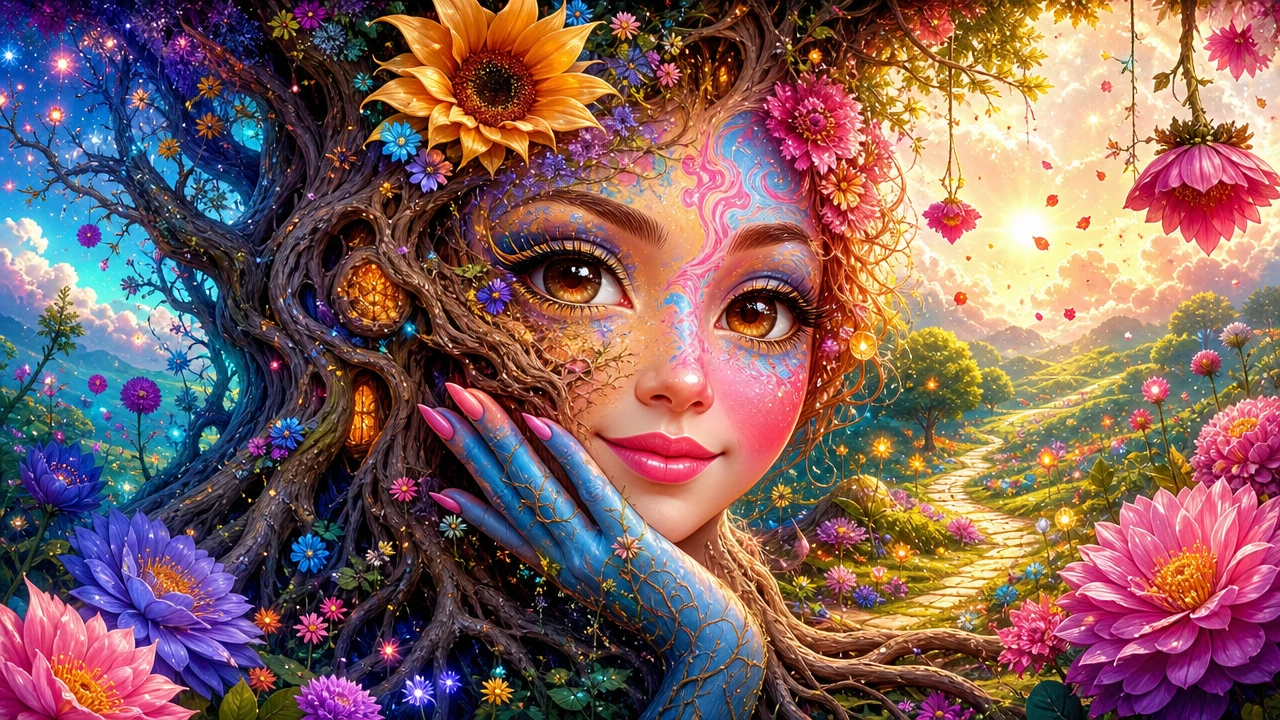 Surreal kawaii woman merging with an ancient tree