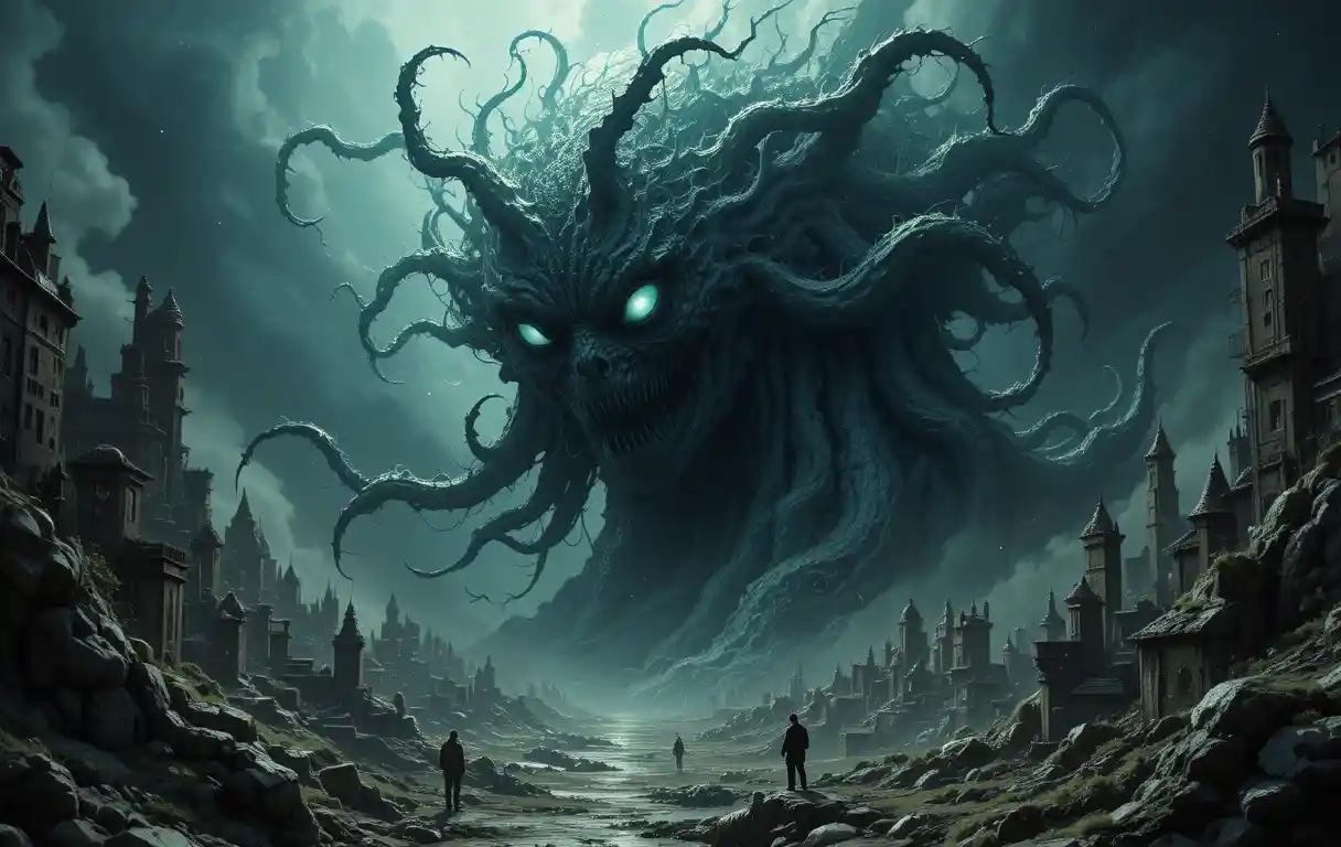 Eldritch god looming over a tiny bewildered city