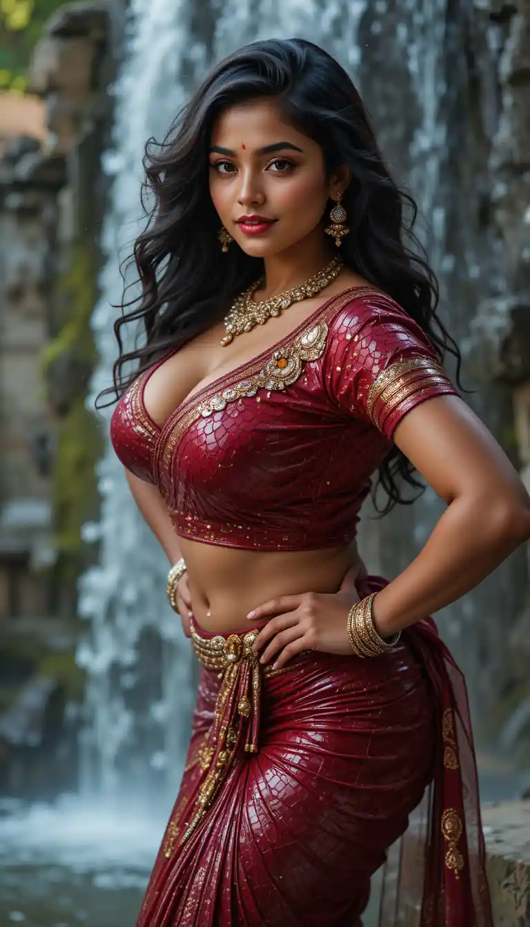 Indian woman in glossy saree posing in bright indoor room
