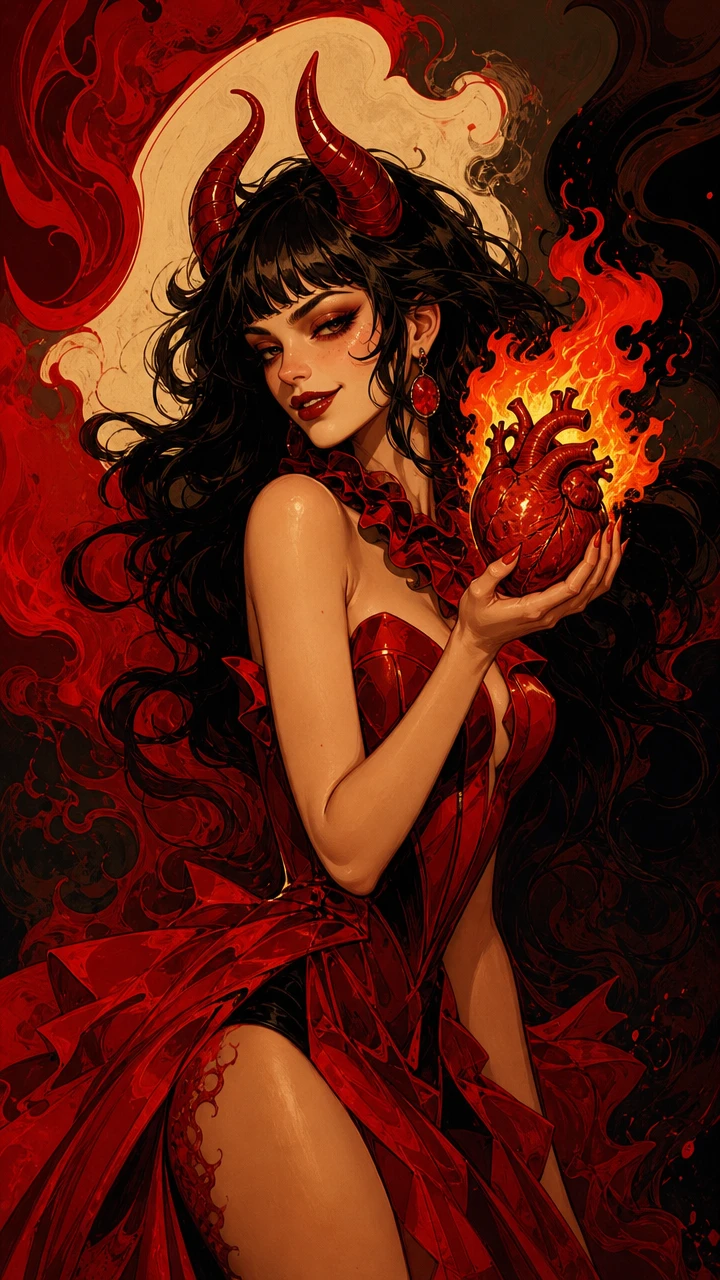 Devilish fashion muse holding a flaming heart in hell