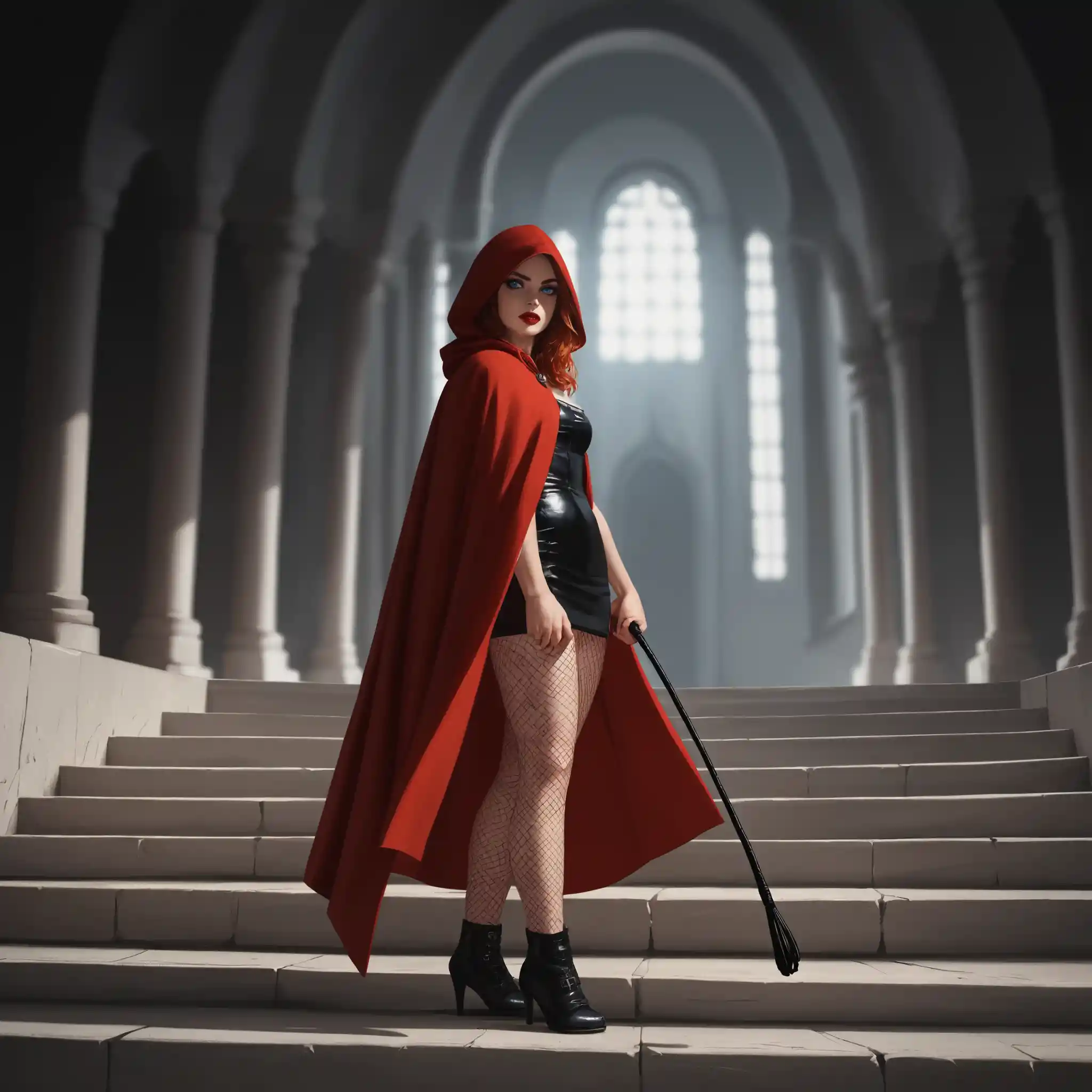 Nordic woman in red cape on torchlit castle stairs