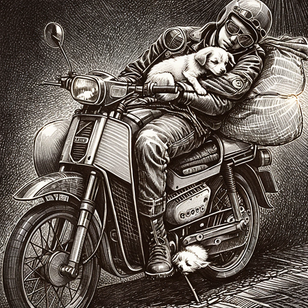 Tired biker sleeping on a vintage motorcycle with puppy