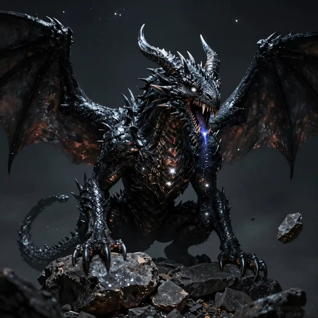 Ancient black dragon on shattered asteroid in outer space