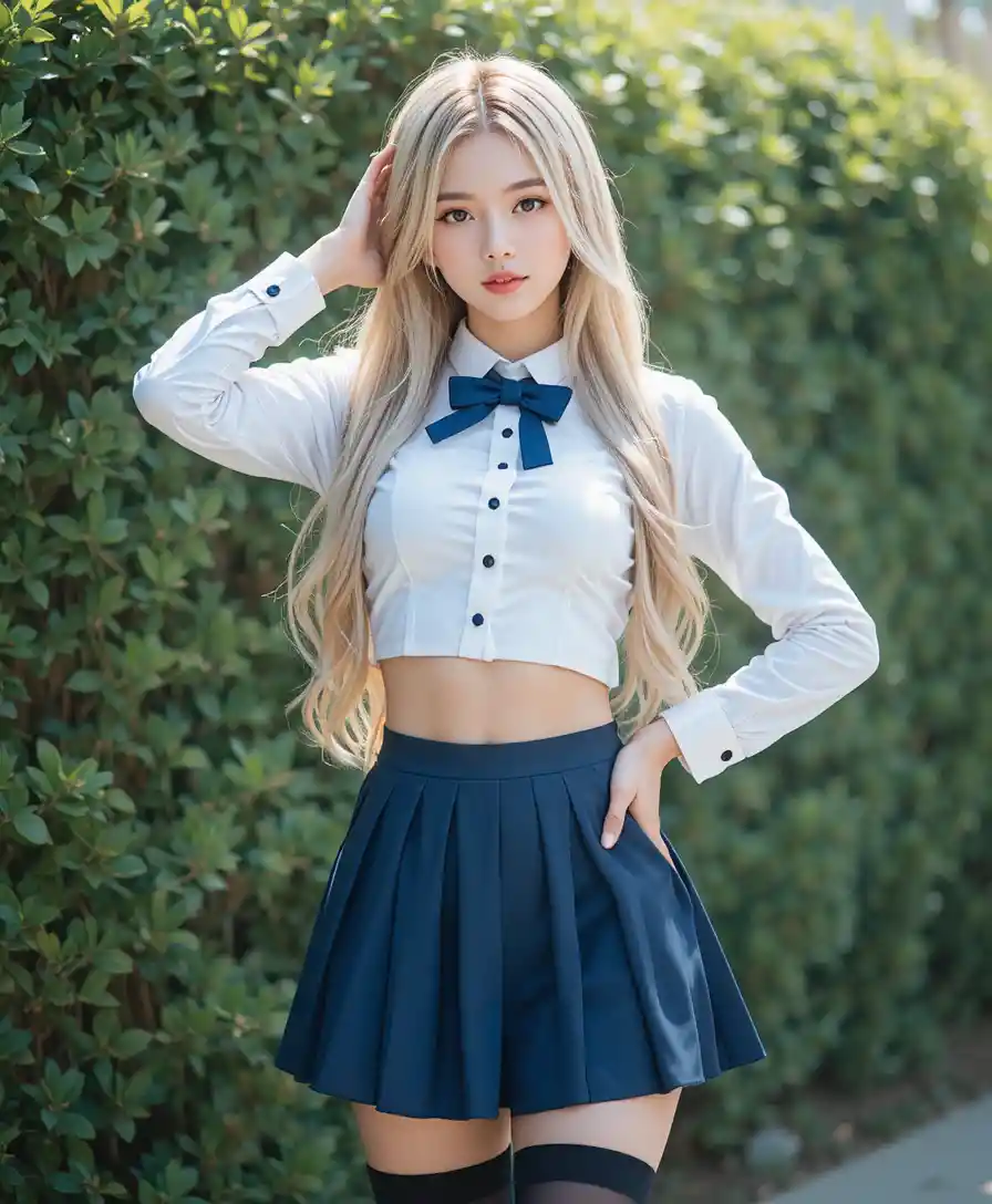 Young blonde woman posing outdoors in school style outfit