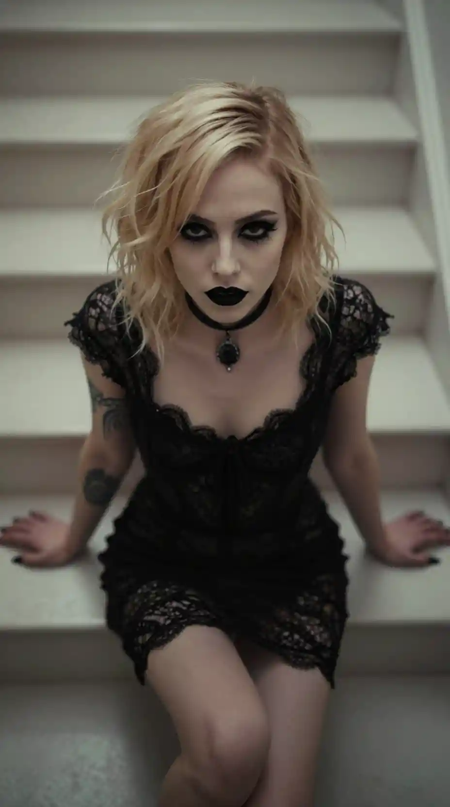 Gothic woman in black lace dress on white stairs