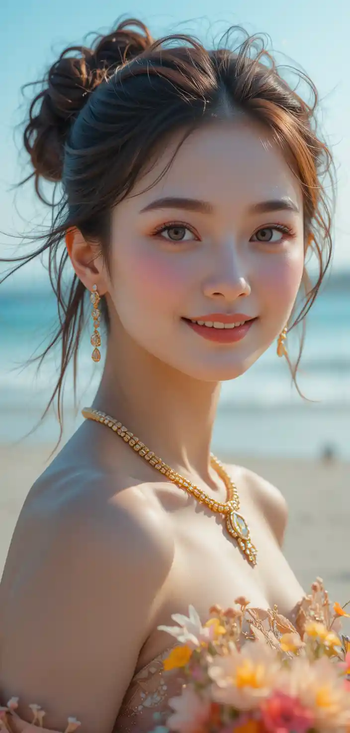 Smiling japanese girl portrait on beach with bouquet