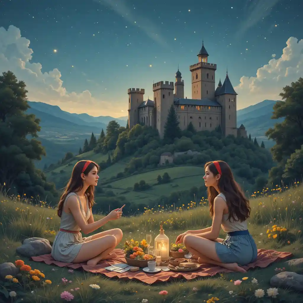 Two young women having a picnic under shooting stars