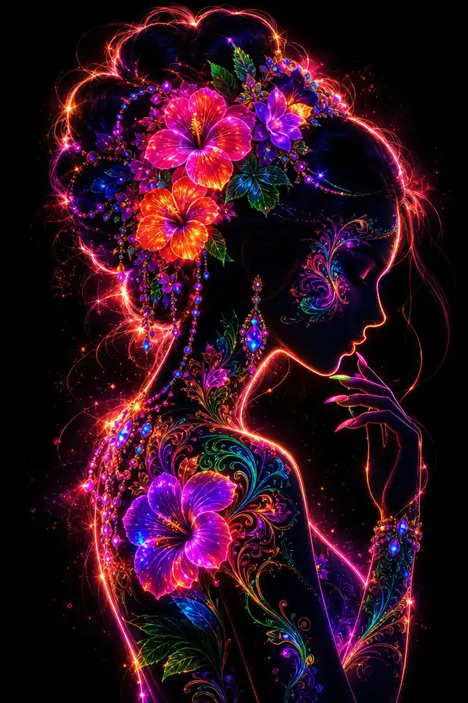 Neon silhouette fantasy woman in glowing floral profile
