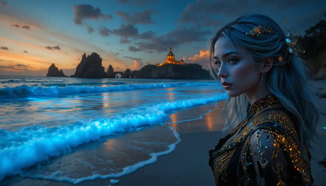 Bioluminescent waves glowing along a calm night beach