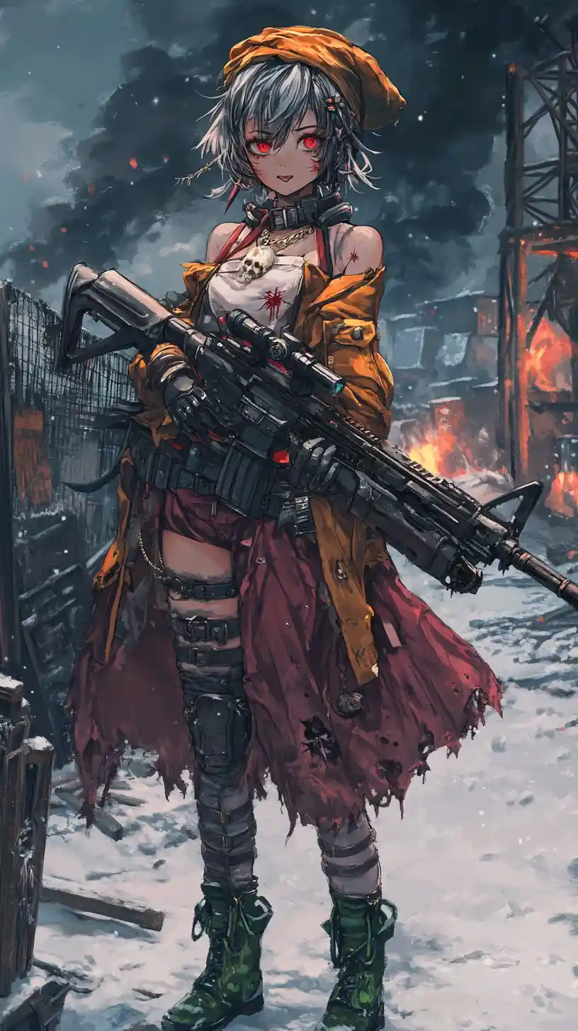Anime girl aiming a rifle in a burning war zone