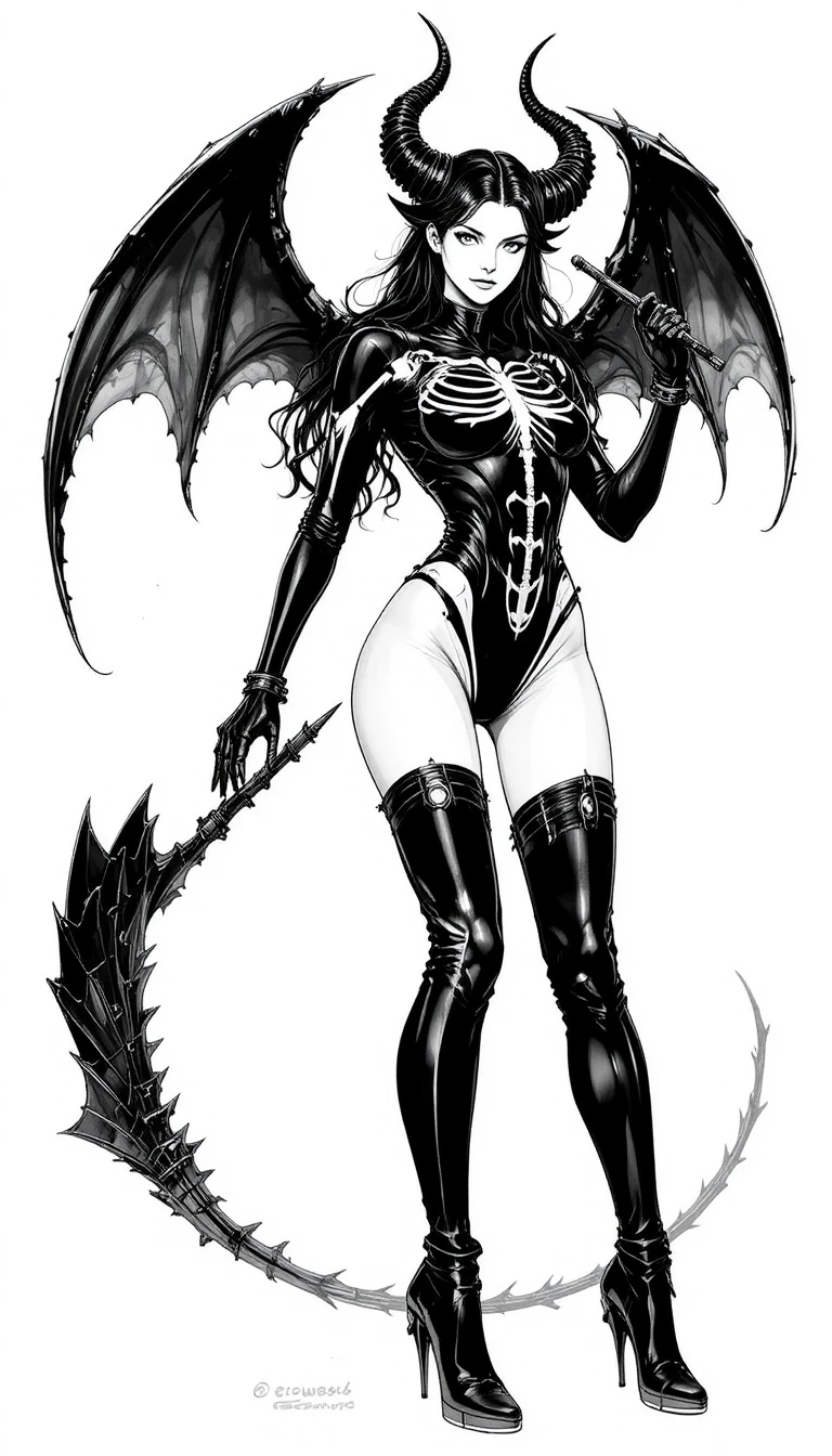 Horned woman in black latex with skeletal design whip