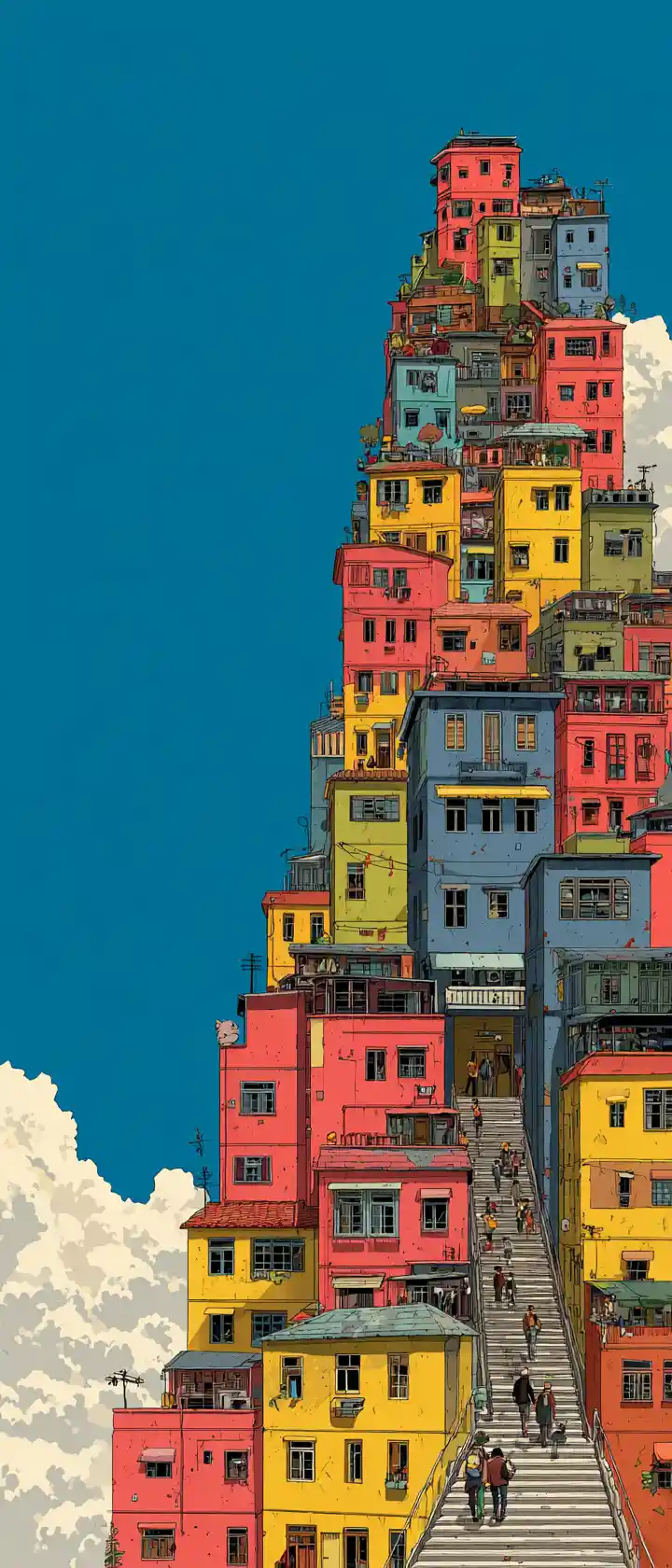 Whimsical vertical city of character buildings and tiny climbers