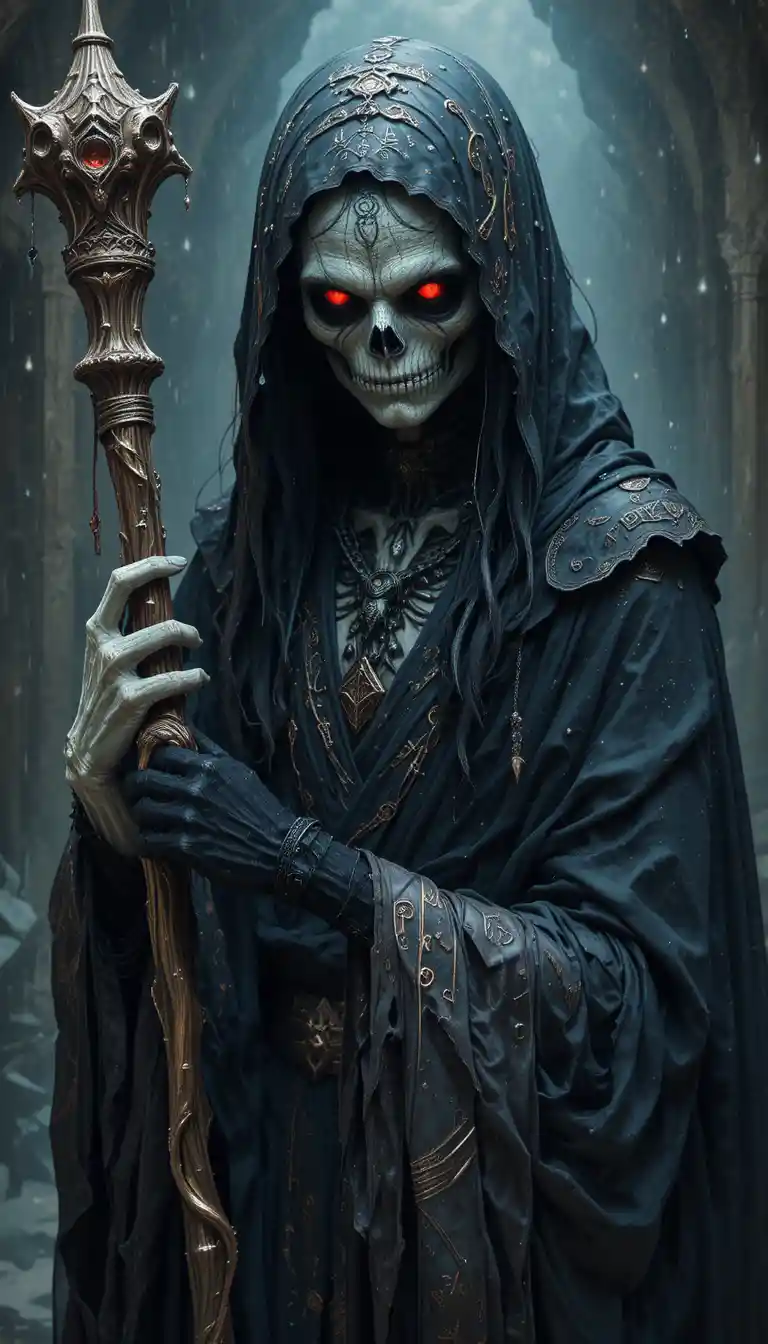 Necromancer With Bone Staff And Glowing Runic Robes