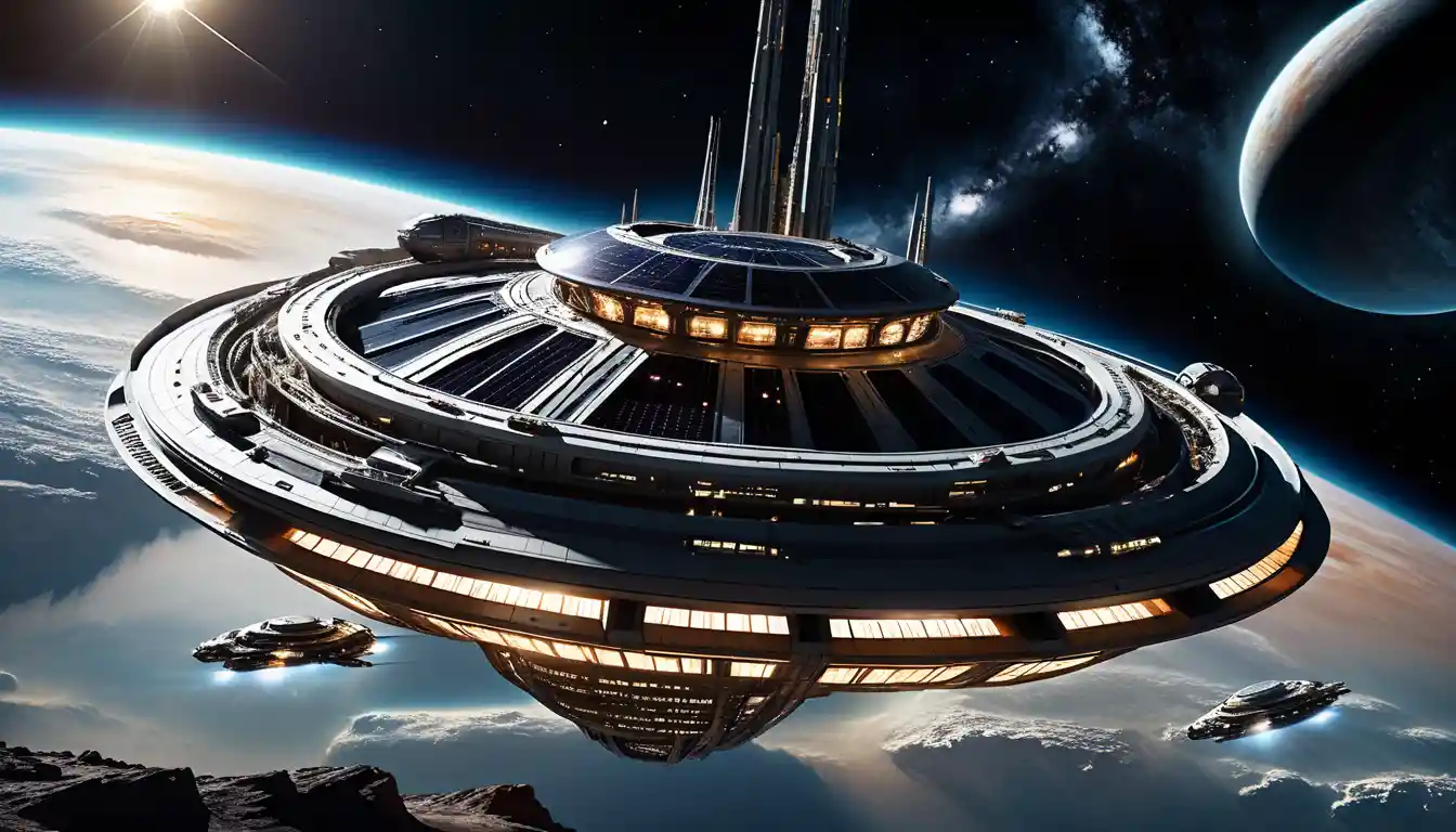 Massive interstellar colony ship gliding through deep space