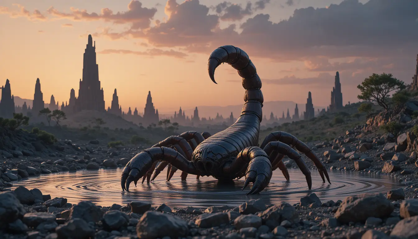 Giant scorpion emerging from water at surreal sunset