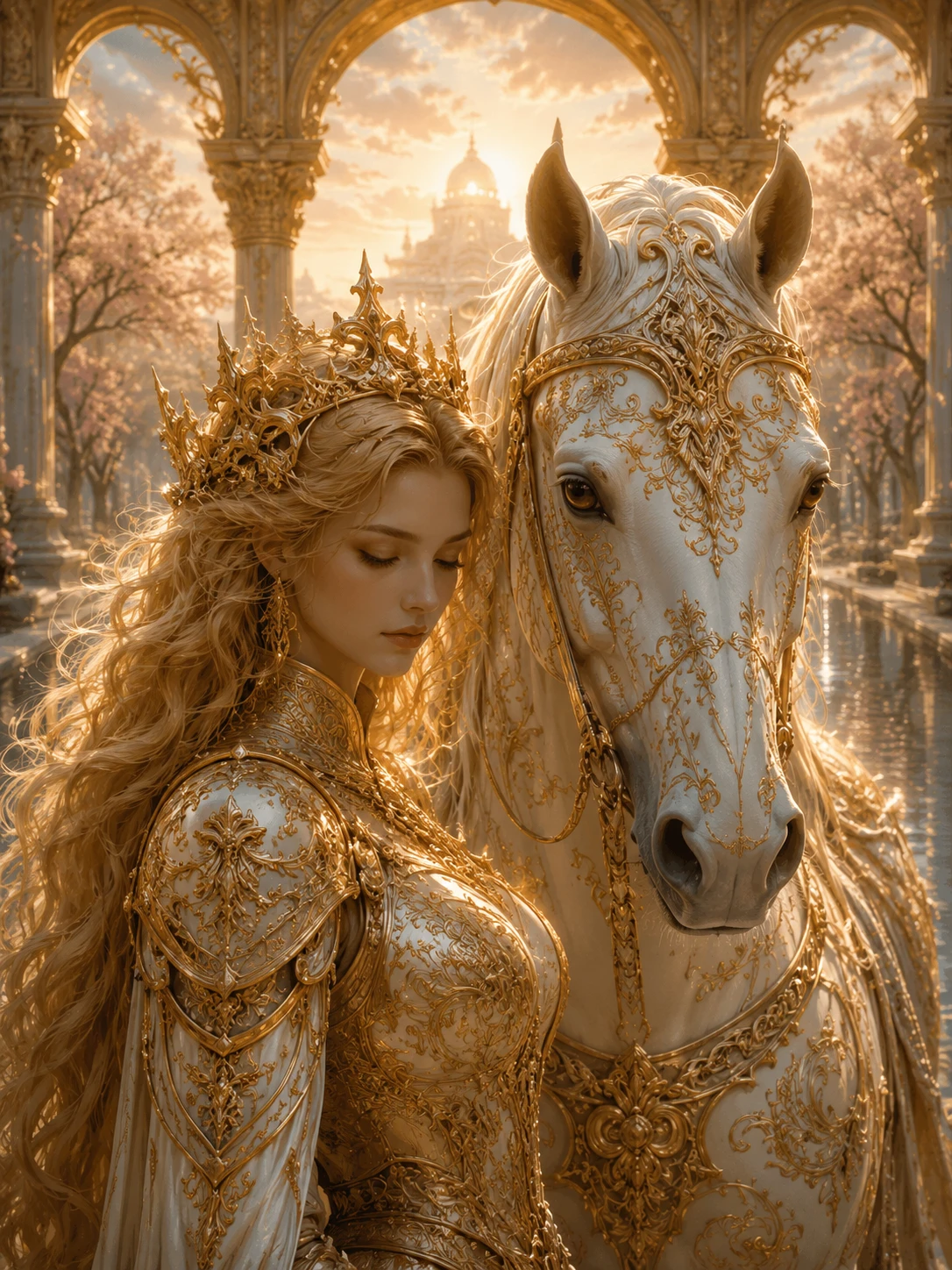Golden armored queen mirrored in porcelain stallion