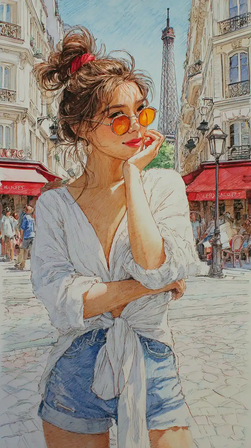 Stylish woman on Paris street in colored pencil art