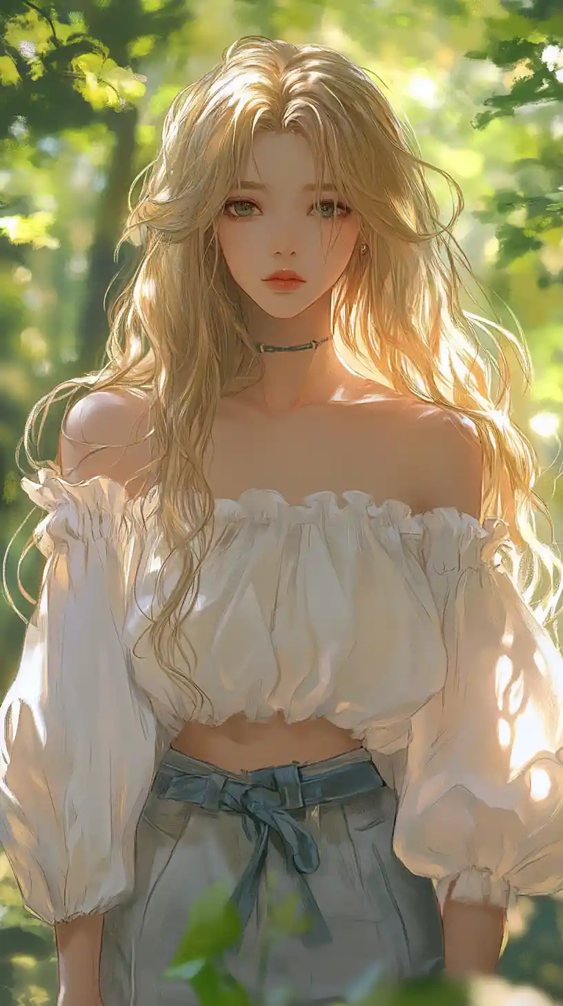 Anime woman in golden forest sunlight with soft bokeh