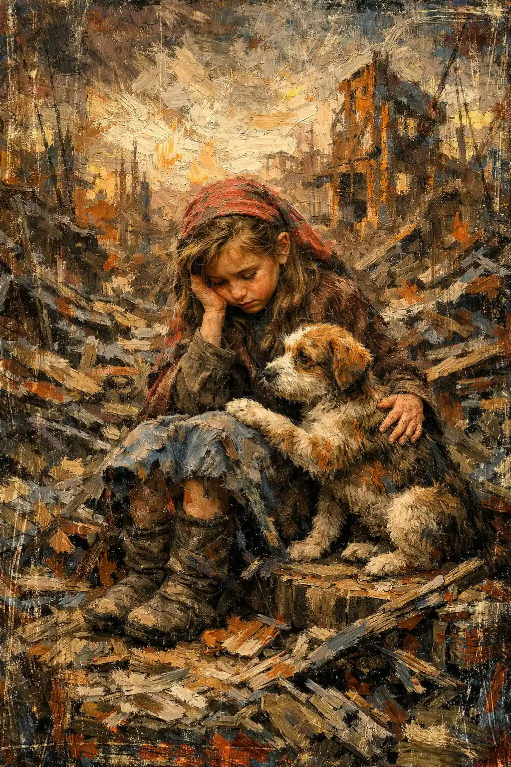 Sad girl with puppy amid post apocalyptic ruins at dusk