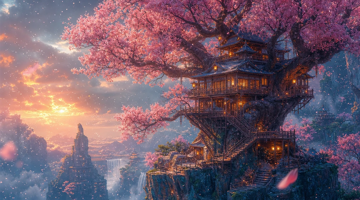 Ornate treehouse in a pink cherry tree on a cliff