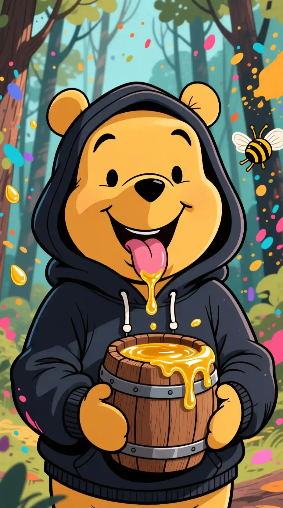 Playful cartoon bear with honey in a birch forest