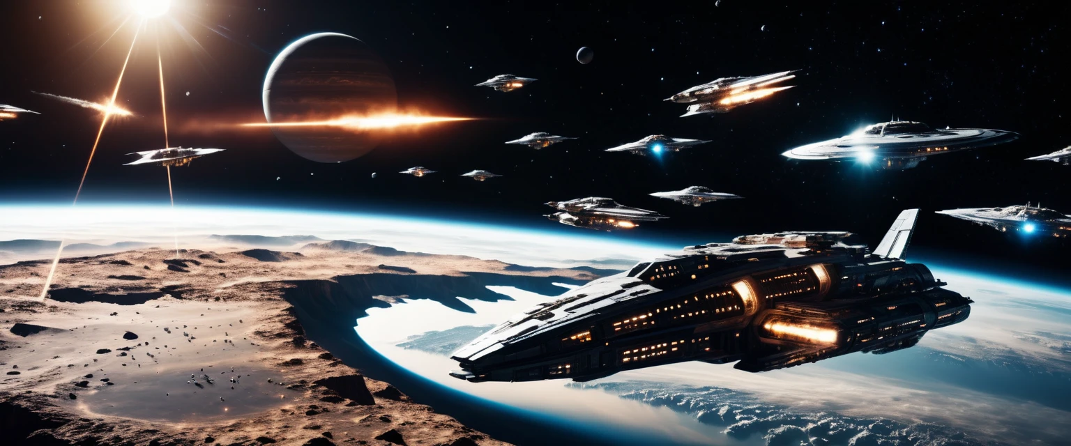 Vast interstellar fleet of futuristic spaceships above glowing planet