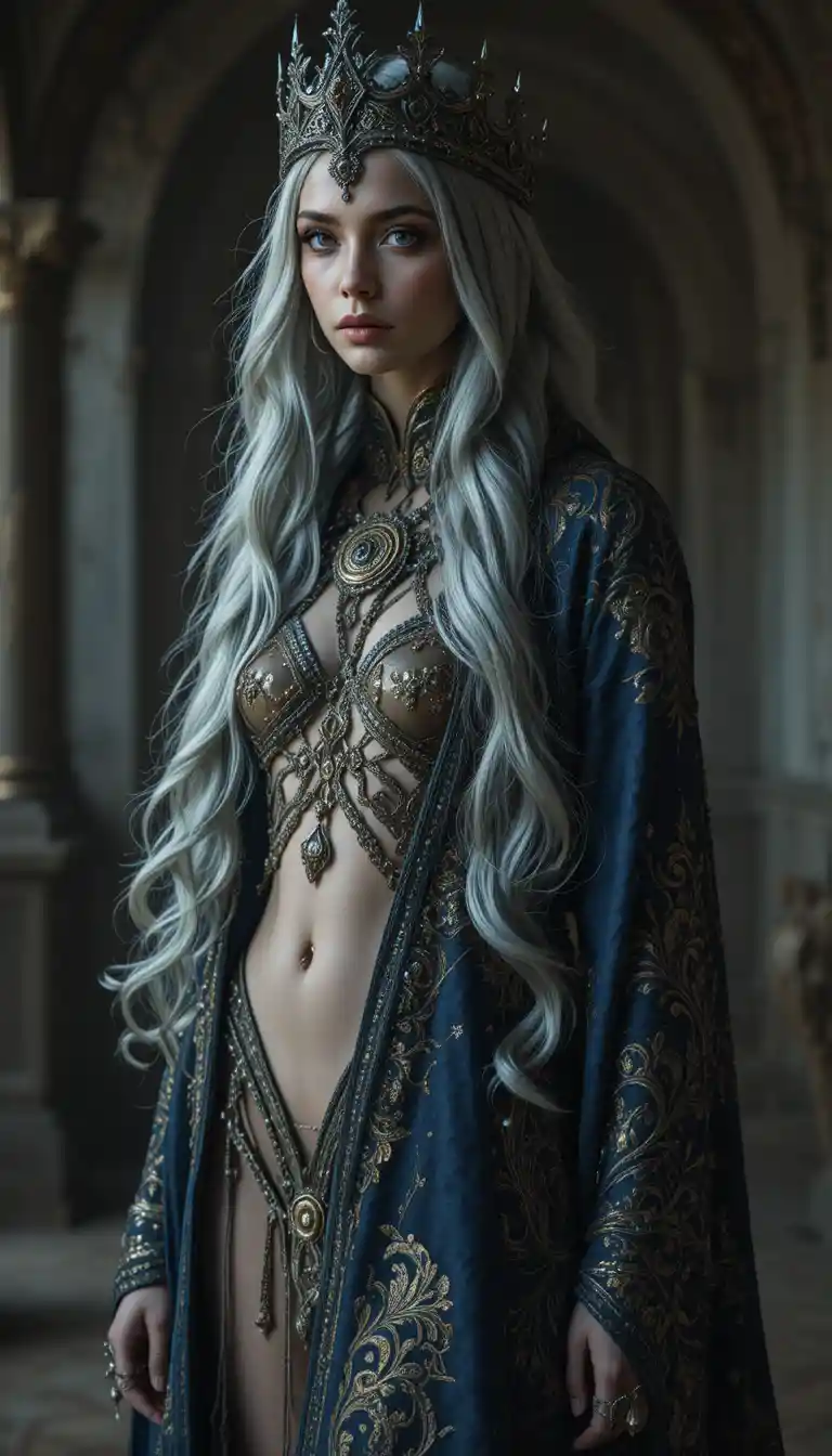 Silver haired amazon warrior in dark fantasy robes