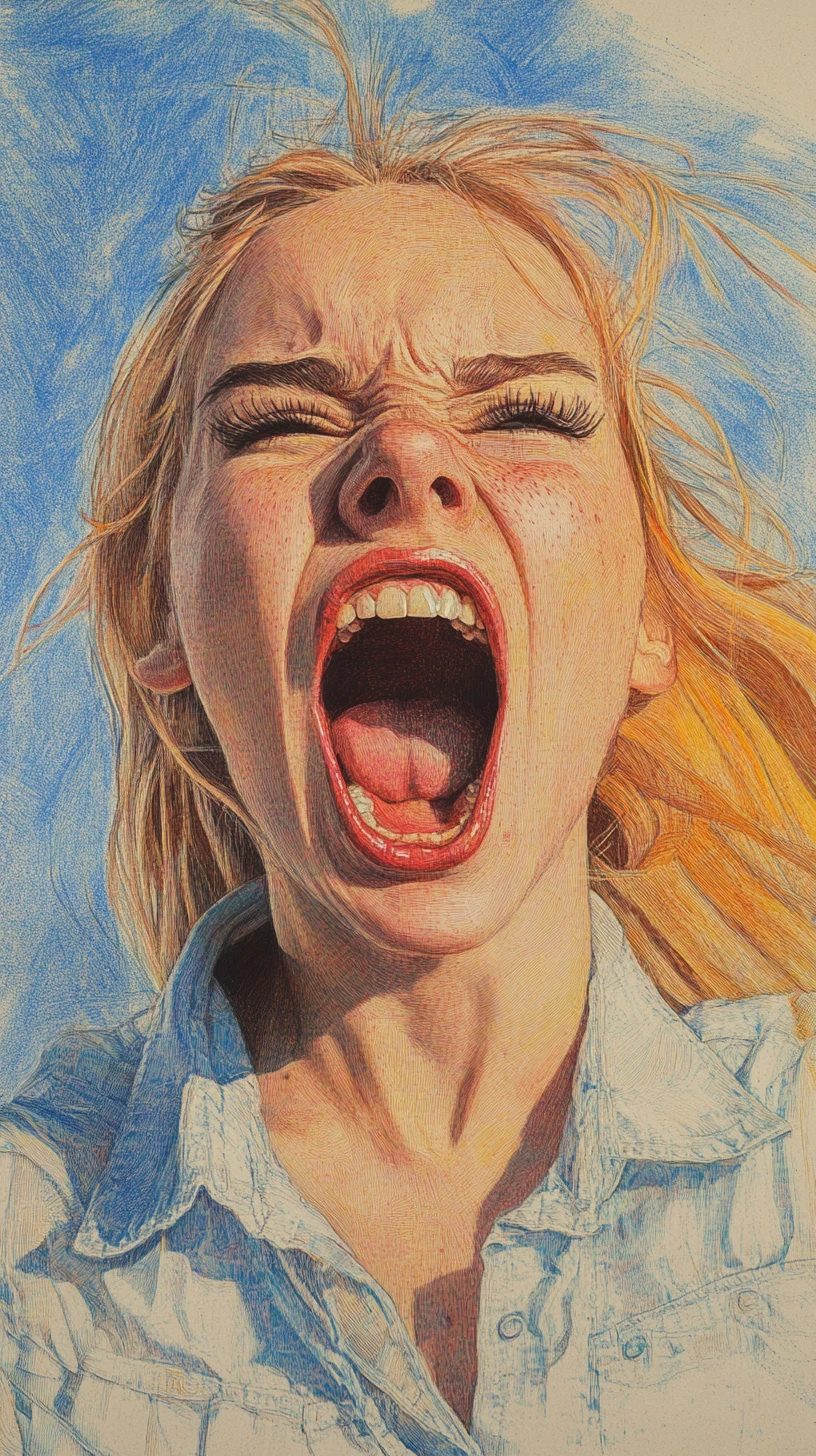 Angry blonde girl yelling while struggling with a kendama