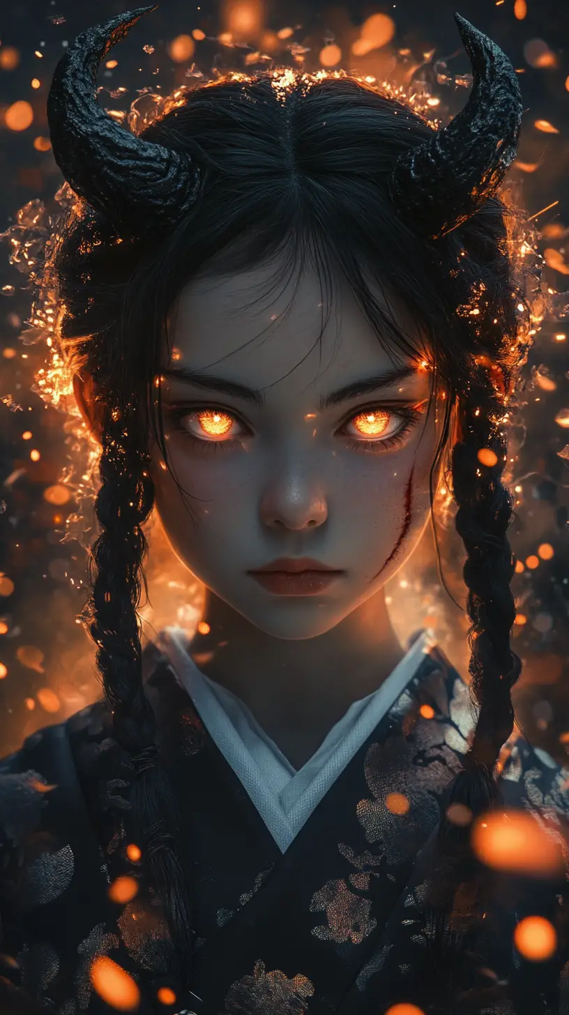Horned girl in dark kimono with glowing ember eyes