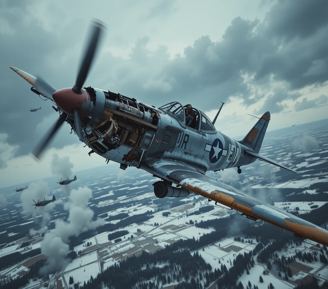 Damaged American warplane flying over winter battlefield