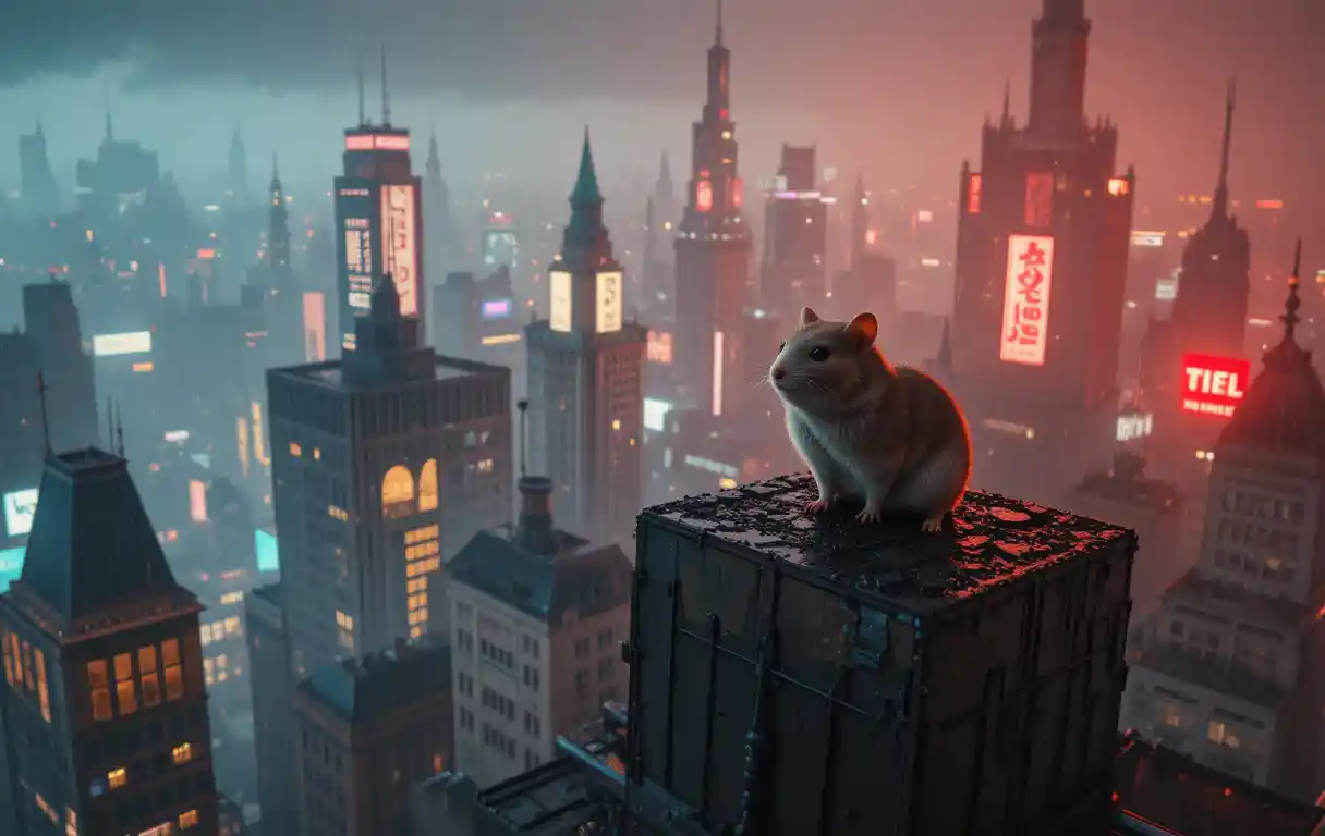 Lonely Hamster On Skyscraper In Neon Cyberpunk Cityscape