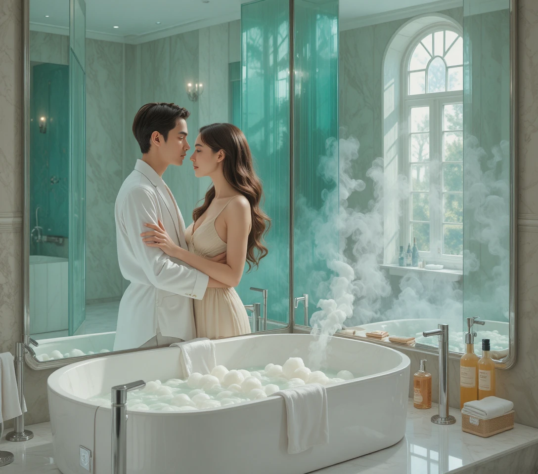 Intimate couple in modern bathroom mirror reflection