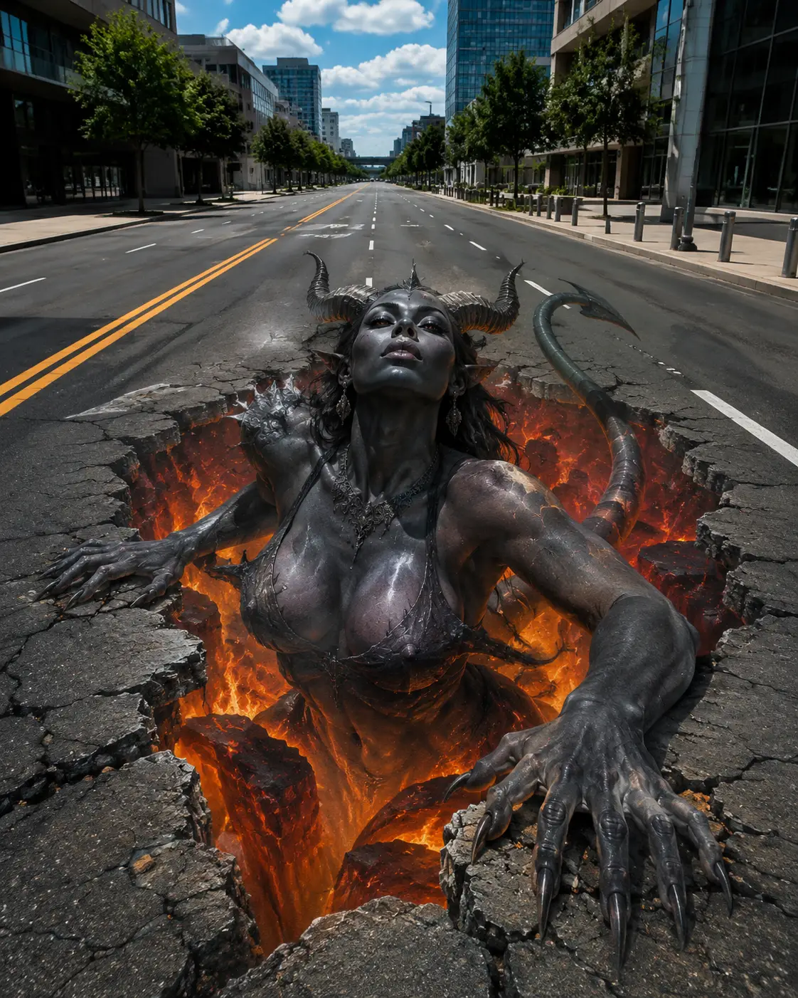 Mulher demônio em arte de rua 3D emergindo do asfalto da cidade