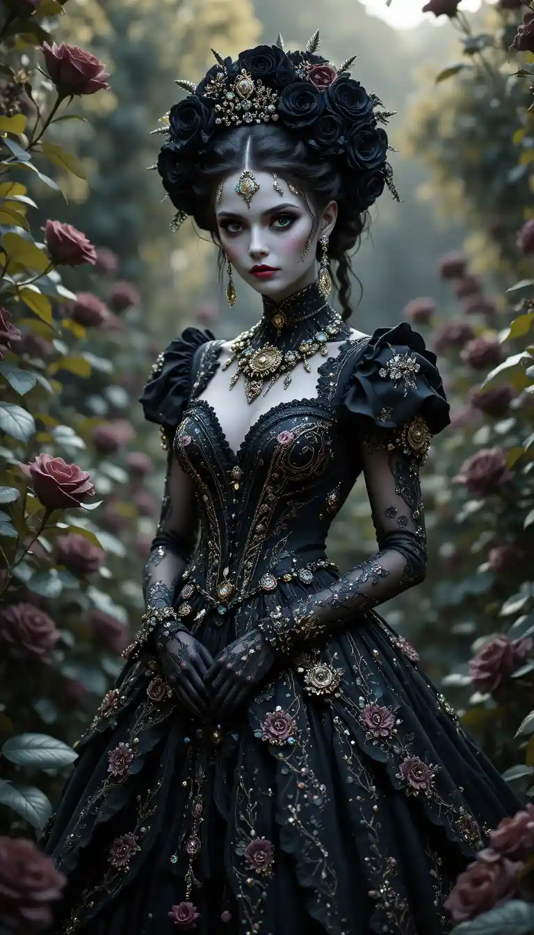 Elegant catrina woman in black dress among dark roses