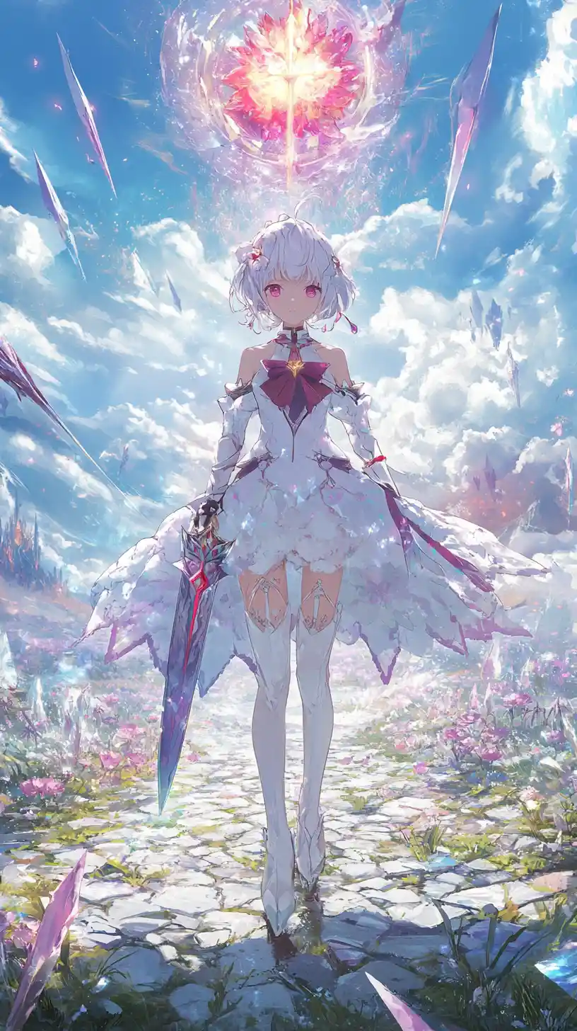 Anime girl walking through a field of crystal flowers