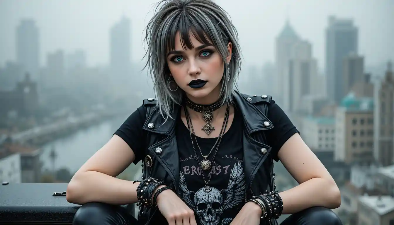 Woman with blue eyes and black lipstick in foggy city