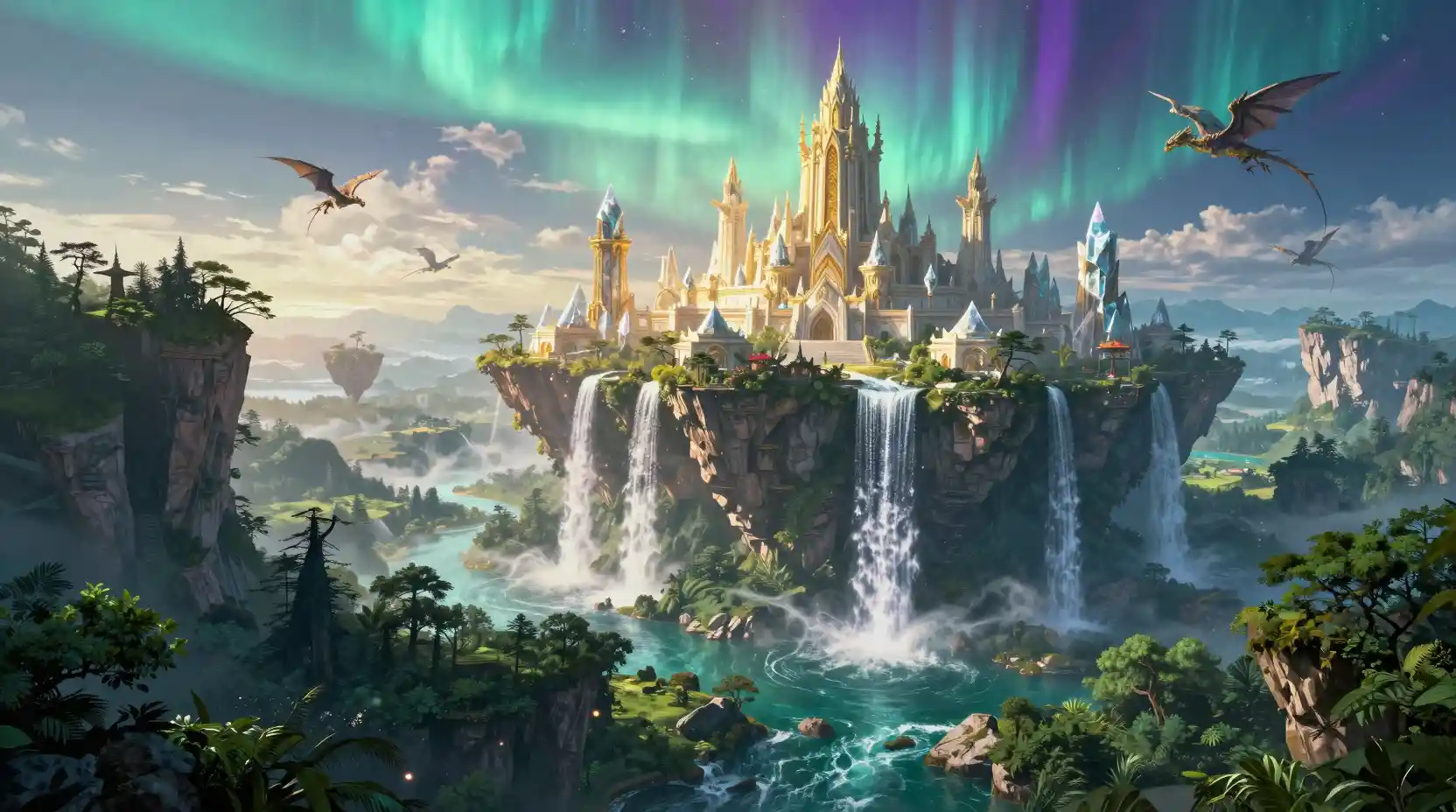 Majestic fantasy city on floating islands with shining waterfalls