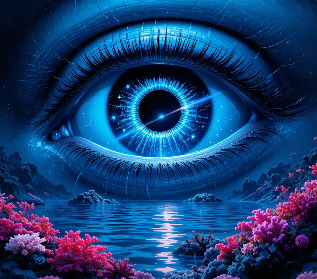 Gigantic cosmic eye above an abstract aquatic dreamscape