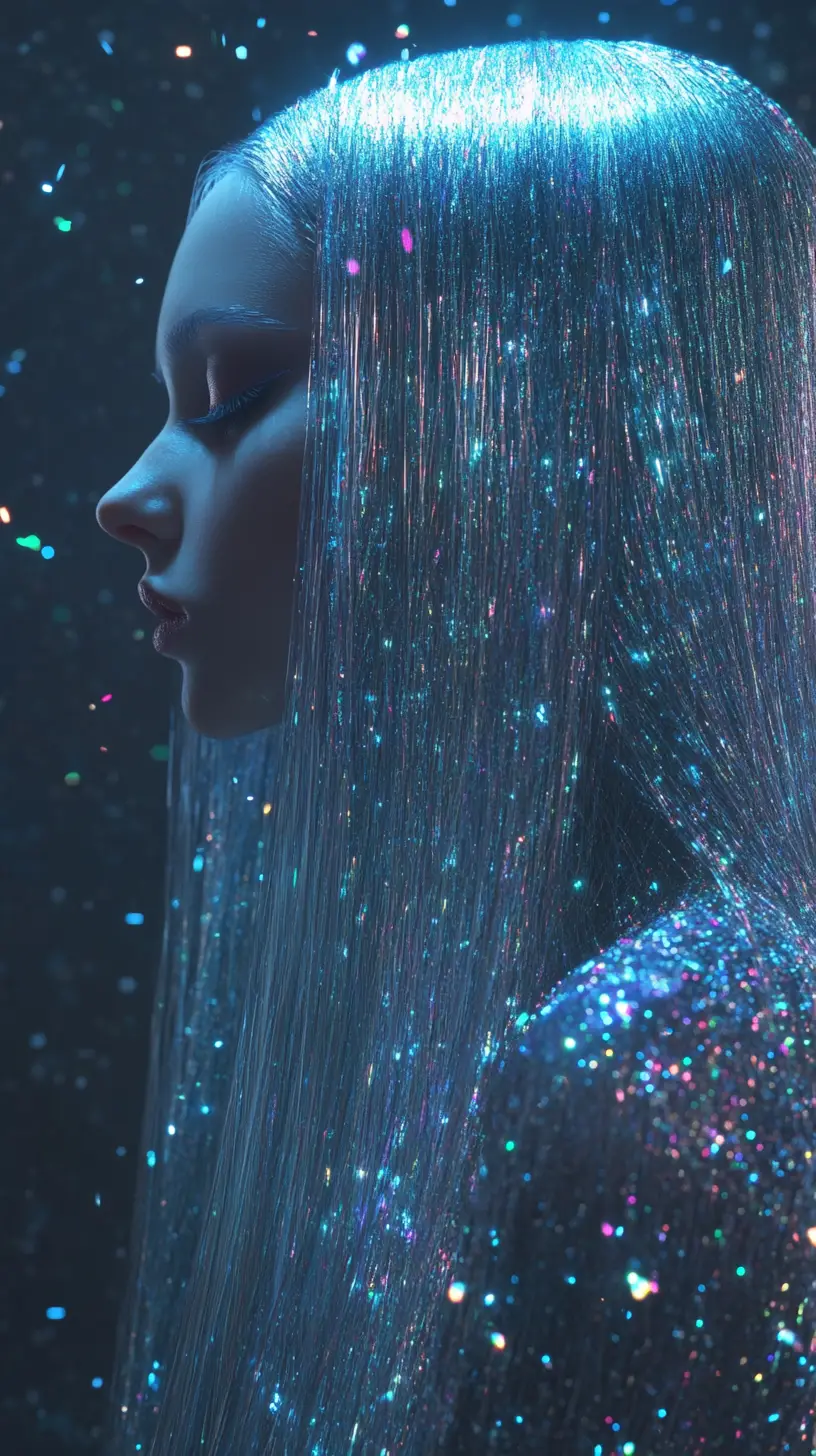 Femme fatale mit glattem Haar im irisierenden Diamantlicht