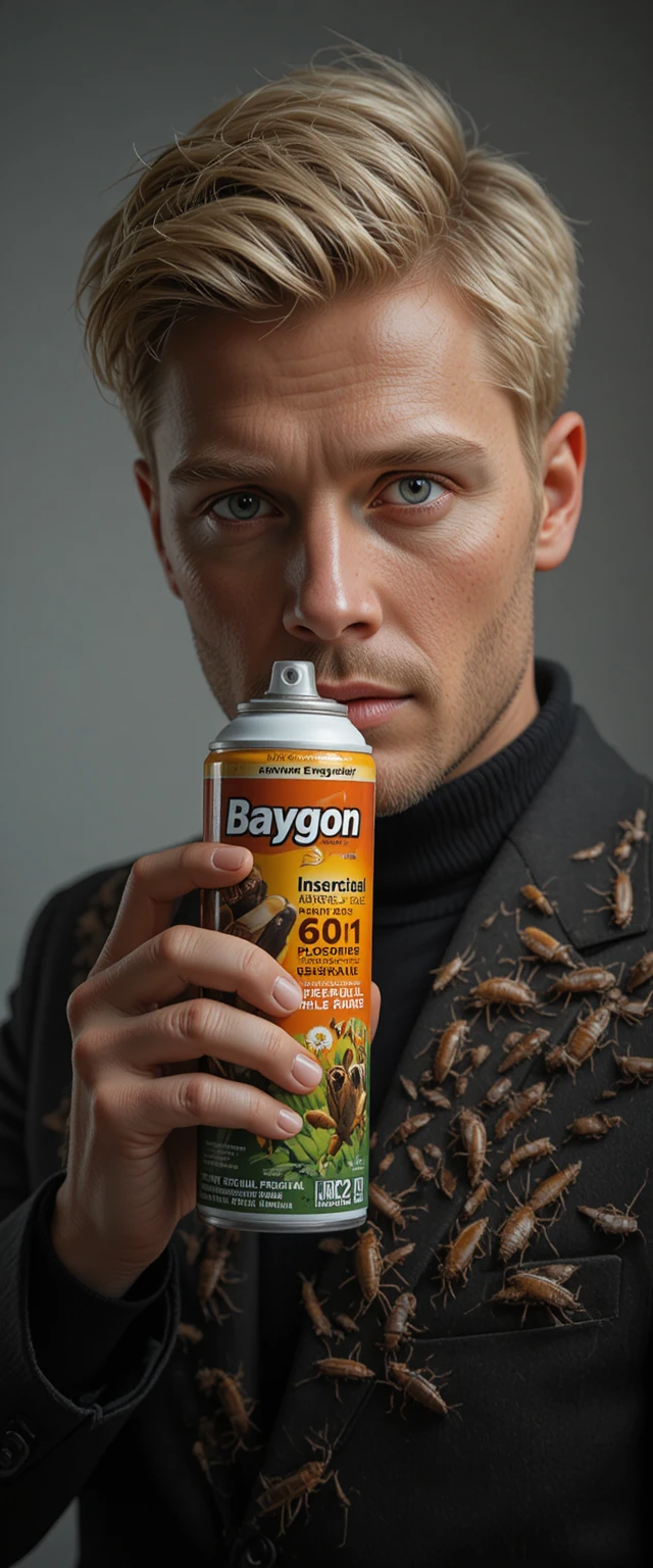 Blond male model holding insect spray toward the camera