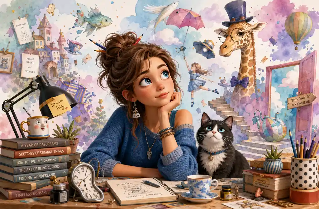 Quirky young woman daydreaming at her desk with cat