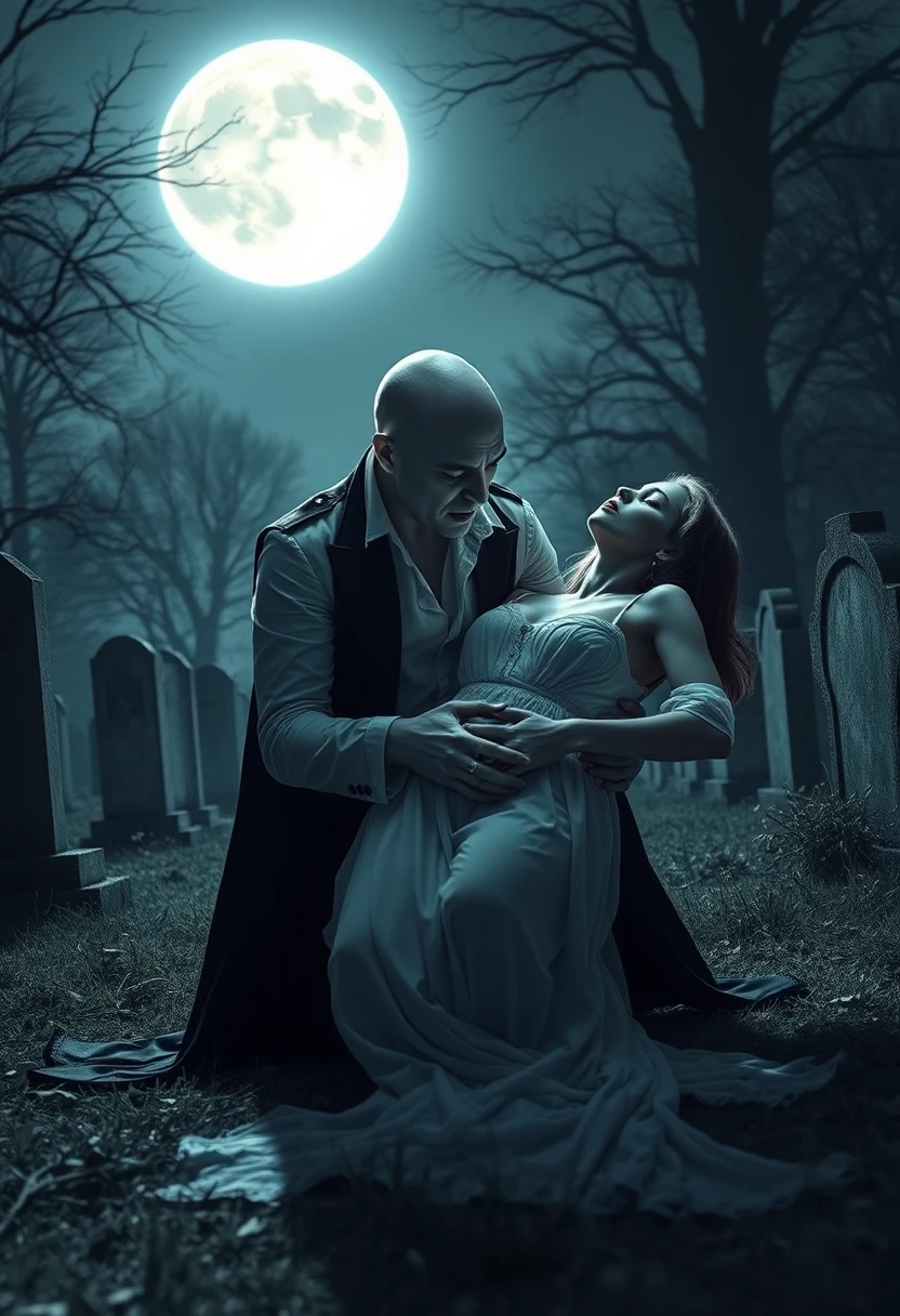 Vampire Cradling Sleeping Woman In Moonlit Cemetery